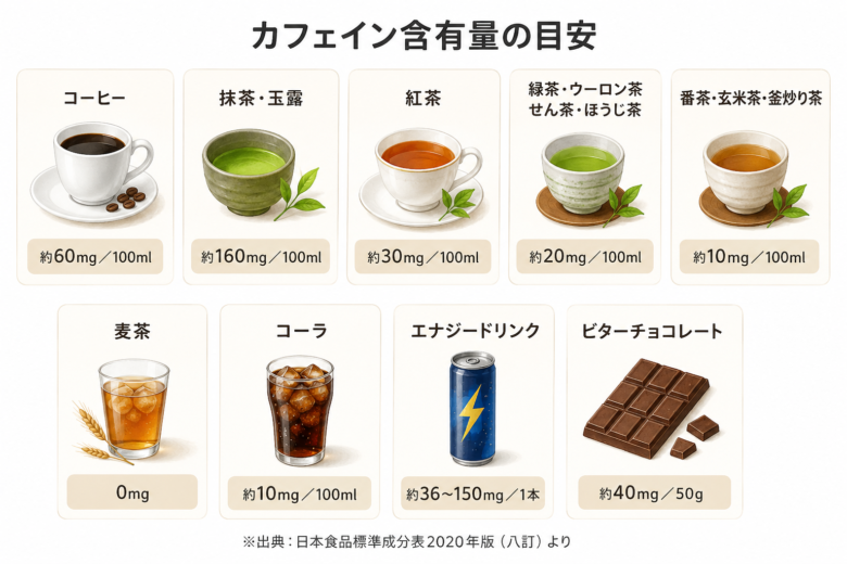 カフェイン保有量の目安 コーヒー:100mlあたり約60mg 抹茶、玉露:100mlあたり約160mg 紅茶:100mlあたり約30mg 緑茶、ウーロン茶、せん茶、ほうじ茶:100mlあたり約20mg 番茶、玄米茶、釜炒り茶:100mlあたり約10mg 麦茶:0mg コーラ:100mlあたり約10mg エナジードリンク:1本あたり36~150mg 抹茶粉末:100gあたり3.2g ビターチョコレート:50gあたり約40mg (日本食品成分表2020年版(八訂)より抜粋)